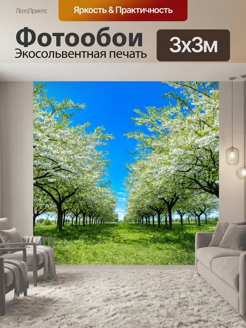 Фотообои пейзаж с цветущими лавровыми деревьями и голубым небом на фоне