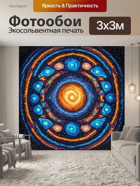 Фотообои космос в стиле мозаика, с геометрическими узорами, иллюстрирующими различные космические явления