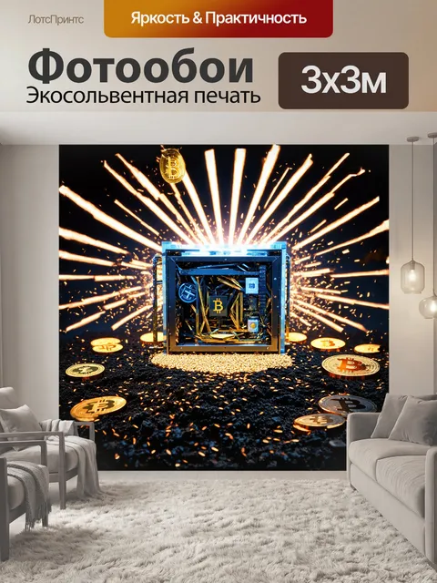 Фотообои главный объект — устройство для майнинга, окруженное лучами света, которые символизируют энергию и технологии
