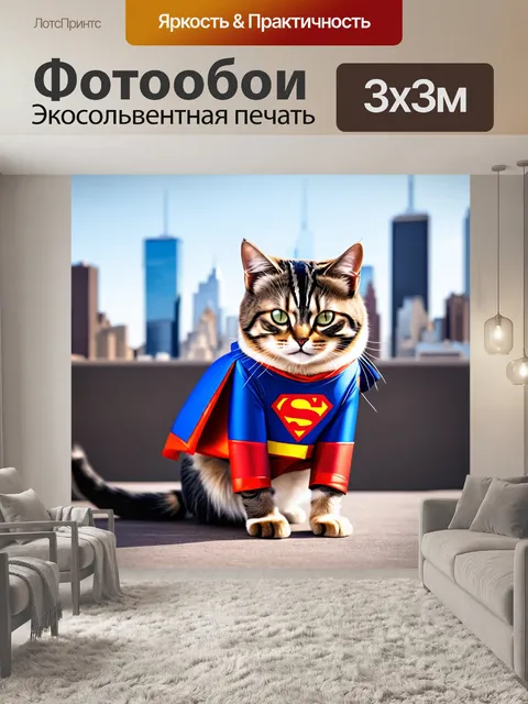 Фотообои котик в костюме супергероя на rooftop города