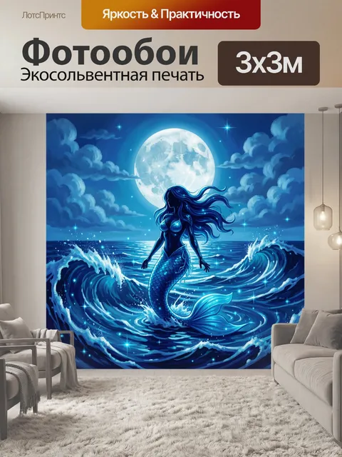 Фотообои Русалка в сияющих волнах под луной