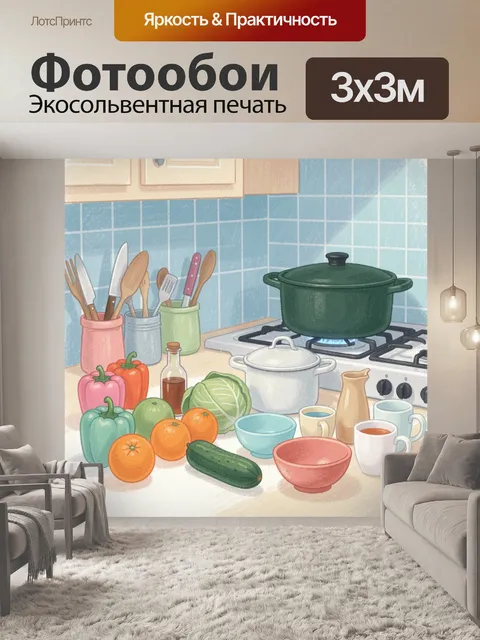 Фотообои Уютная кухня с овощами и посудой