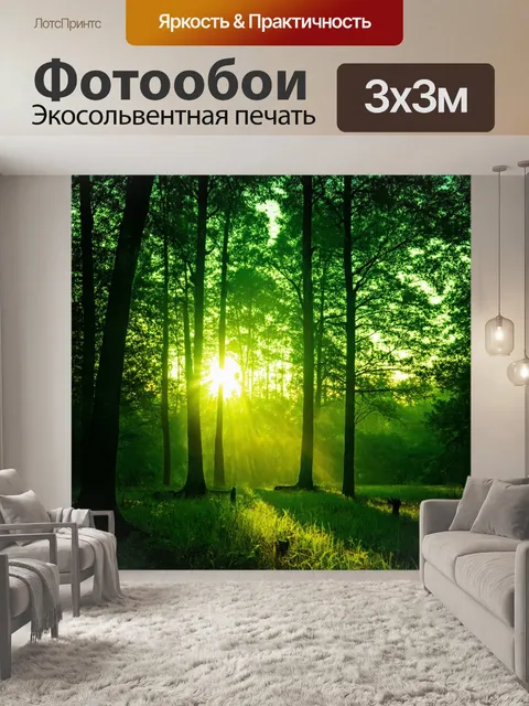 Фотообои зеленые в стиле кинематографический, показывающие уходящее солнце, освещающее лесные деревья