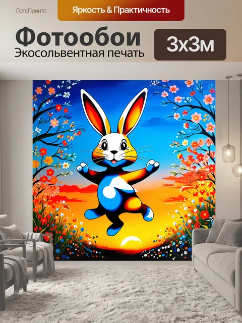 Фотообои кролик, танцующий среди весенних цветков, с роскошными градиентами неба, переходящими от синего к оранжевому…