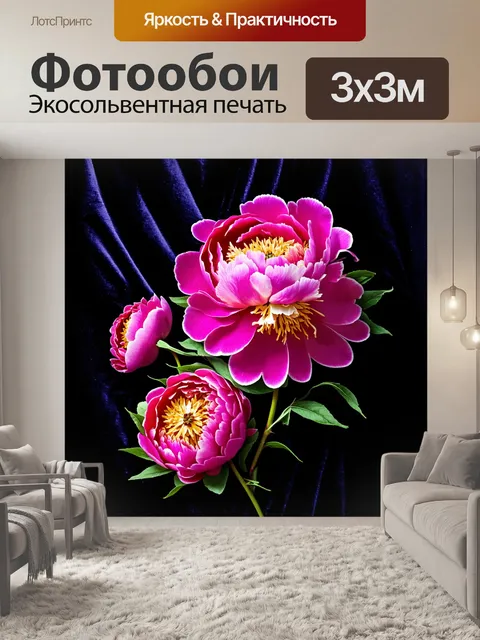 Фотообои пионы в стиле флэт, на фоне черного бархатного холста, с яркими и насыщенными цветами, выделяющимися на…