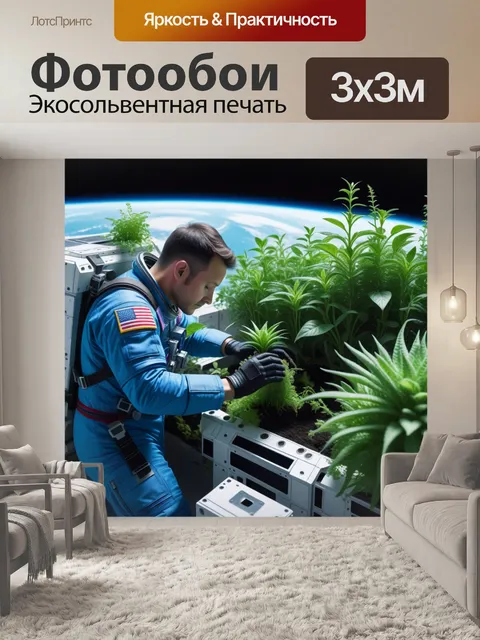 Фотообои космонавт, ухаживающий за растениями на космической станции