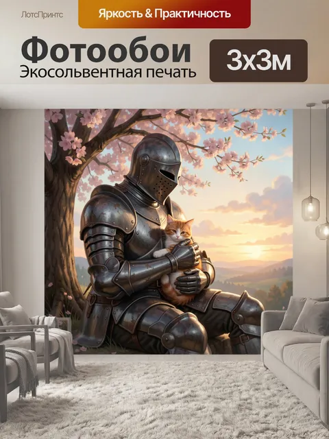 Фотообои Рыцарь с котом под сакурой