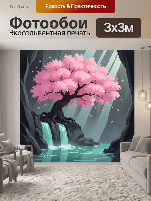 Фотообои Сакура у водопада в ущелье