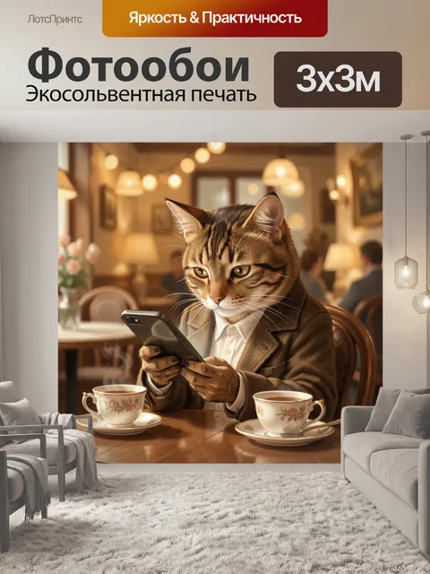 Фотообои Кот в кафе с телефоном