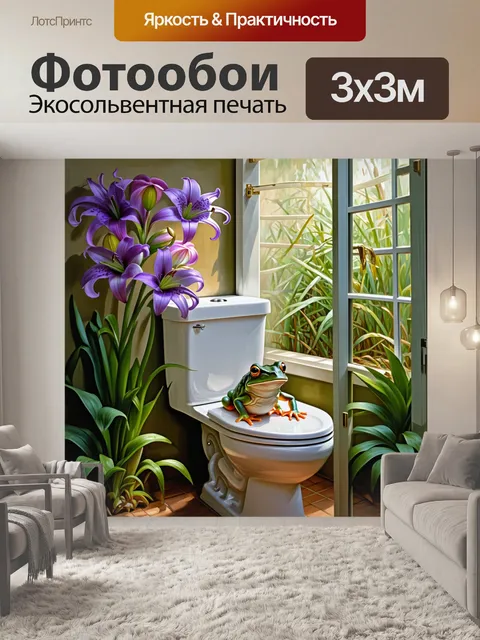 Фотообои лягушка в туалете, окруженная роскошными сиреневыми лилиями и зелеными растениями, создающими…