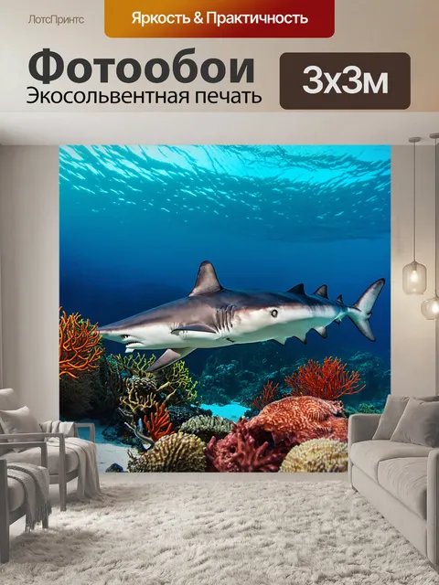 Фотообои акула, плавающая среди плавающих морских существ