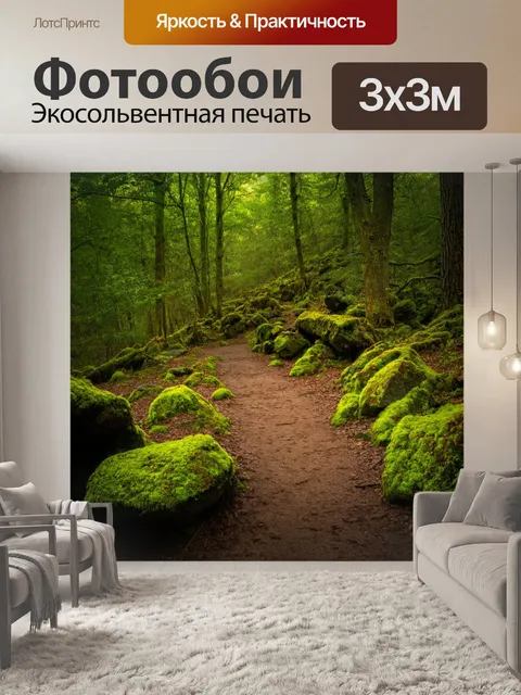 Фотообои лес с старинной тропой, усыпанной камнями и зелеными мхами