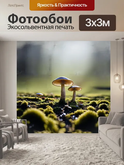 Фотообои грибная поляна, утыканная оловянной рудой, составляет волшебный пейзаж