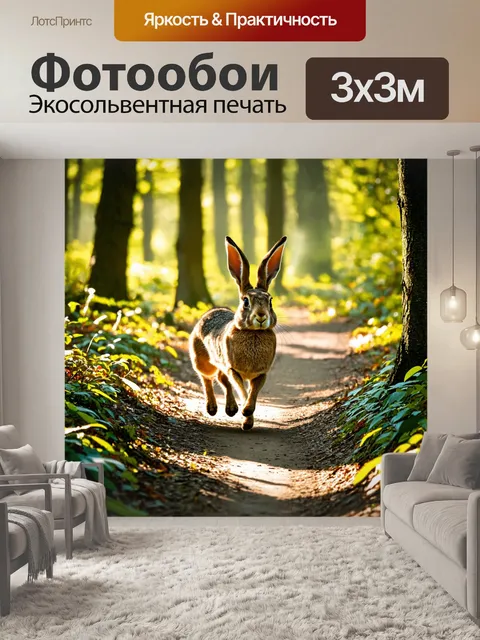Фотообои заяц, пробегающий через густой лес, с лучами солнечного света, пробивающимися сквозь листву деревьев