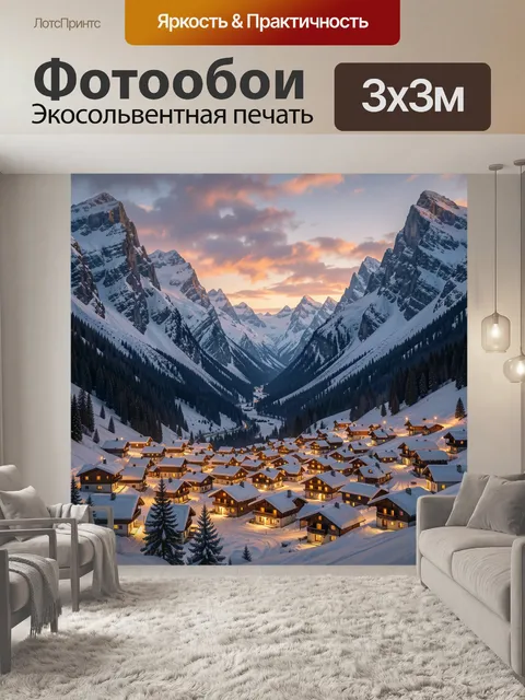 Фотообои Зимняя деревня среди гор