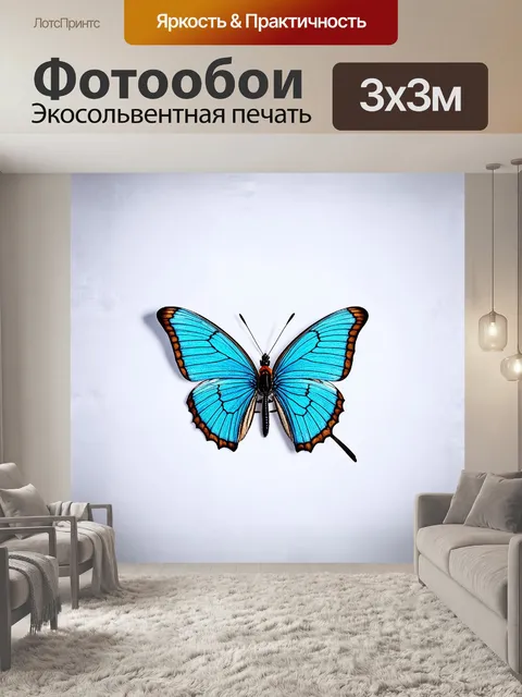 Фотообои синяя бабочка сидит на чистом белом фоне, словно созданная из света и тени