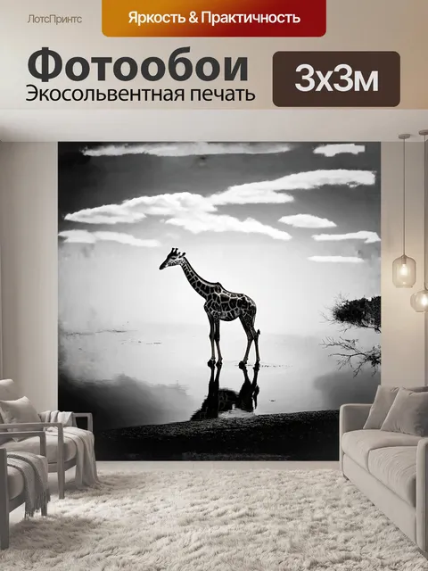 Фотообои одинокий жираф, стоящий на краю водопоя, отражается в спокойной воде