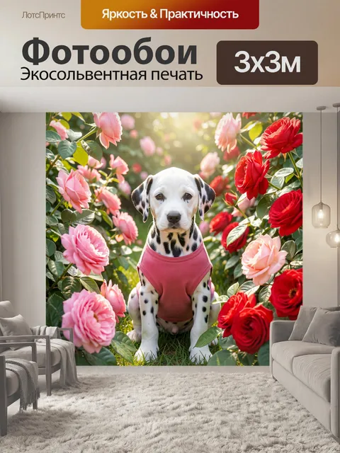 Фотообои Щенок далматина среди роз