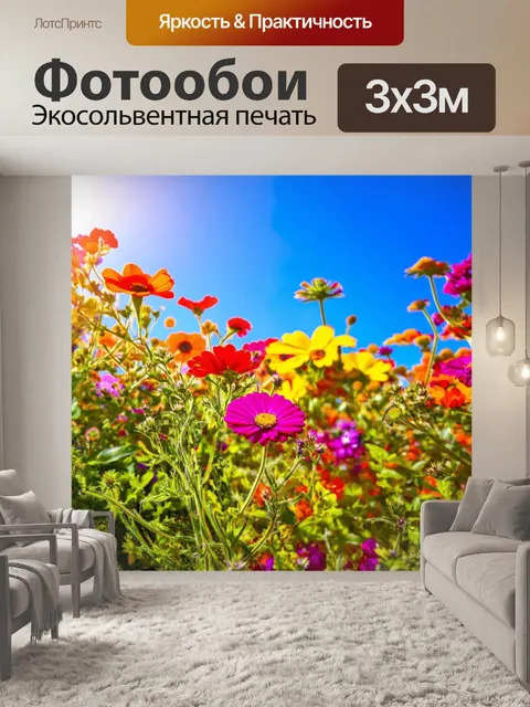 Фотообои цветы в стиле абстракции, средиземноморская тематика, утреннее солнце, голубое небо и яркие цвета цветов