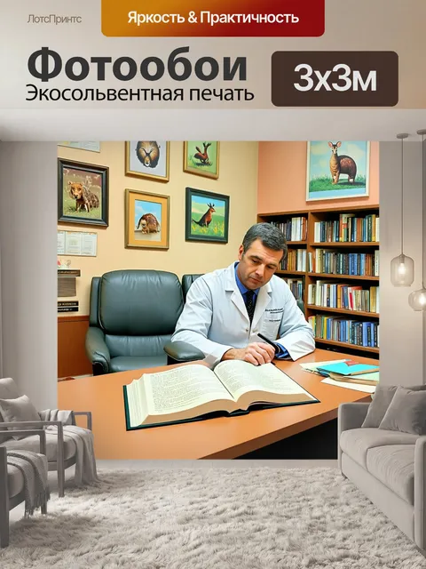 Фотообои ветеринар сидит в уютном кабинете, изучая книги по зоологии, стены украшены картинами животных