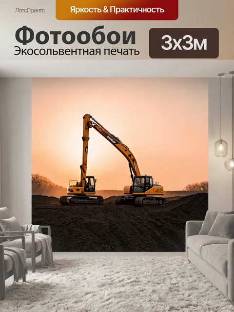 Фотообои строительная техника на фоне заката: мощный кран и экскаватор, работающие в тени