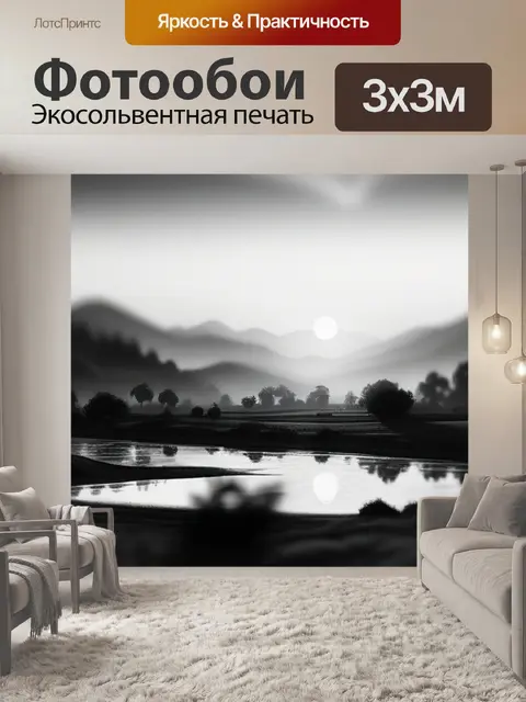 Фотообои живопись пейзаж с закатом чернобелый