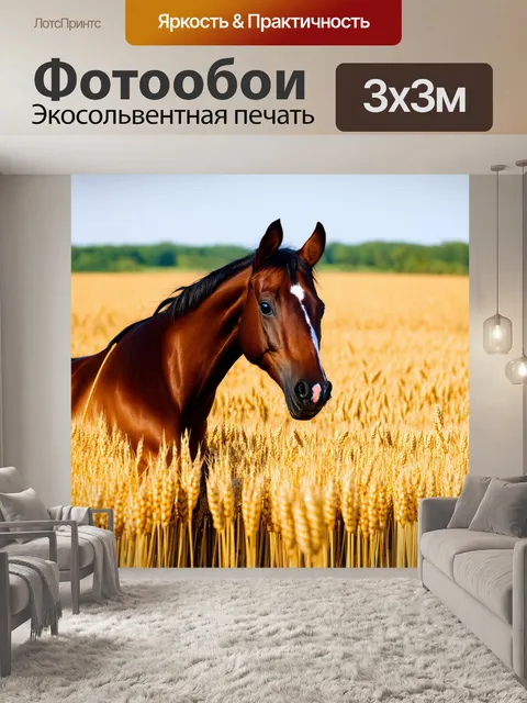 Фотообои лошадь, среди золотых колосьев, задорно грациозная