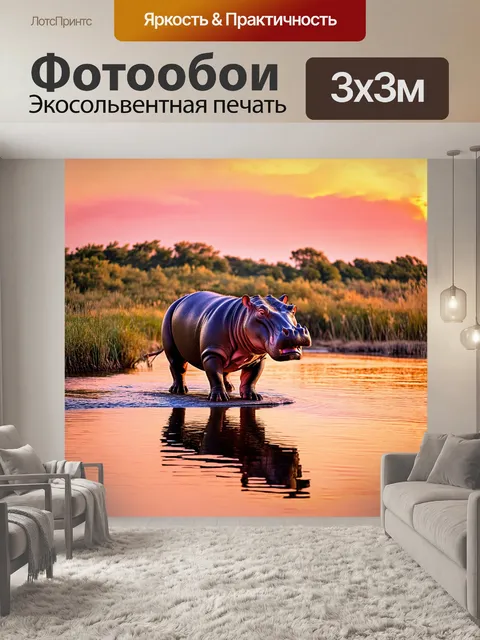 Фотообои бегемот, величественно стоящий на берегу спокойной реки, погруженный в яркие закатные цвета