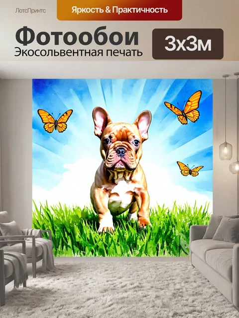 Фотообои изображение французского бульдога щенка, играющего в свежей траве на фоне яркого синего неба