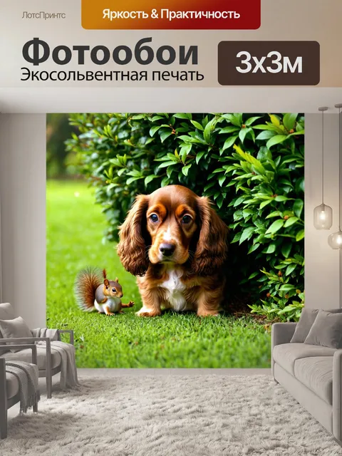 Фотообои кокер-спаниель, притаившийся за кустами, внимательно наблюдающий за белкой