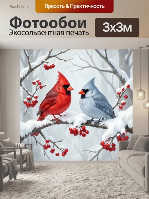 Фотообои Зимние птицы на заснеженных ветках
