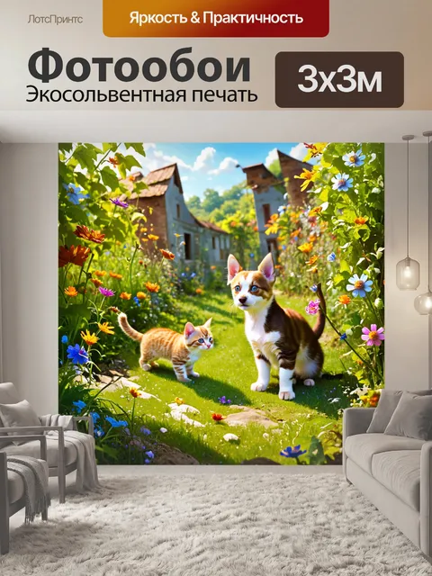 Фотообои котенок и щенок исследуют заброшенный сад, где растут дикие цветы и лозы