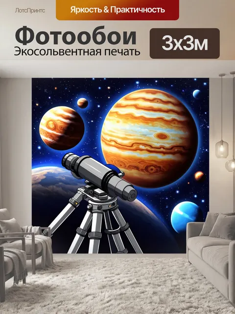 Фотообои космос в стиле мультяшный, где планеты смотрят в телескоп на другие галактики
