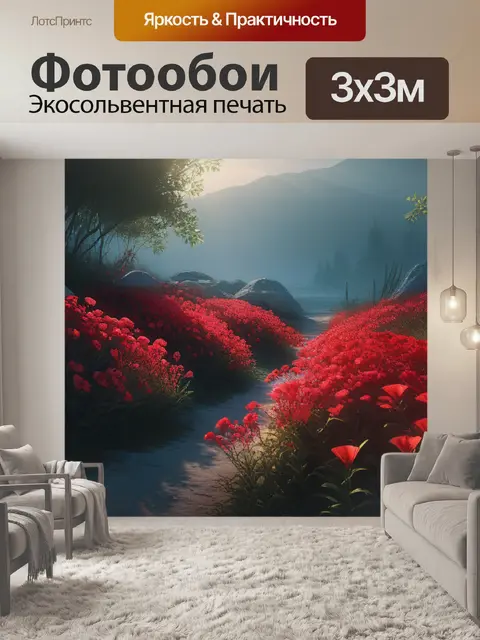 Фотообои пейзаж с красными цветами