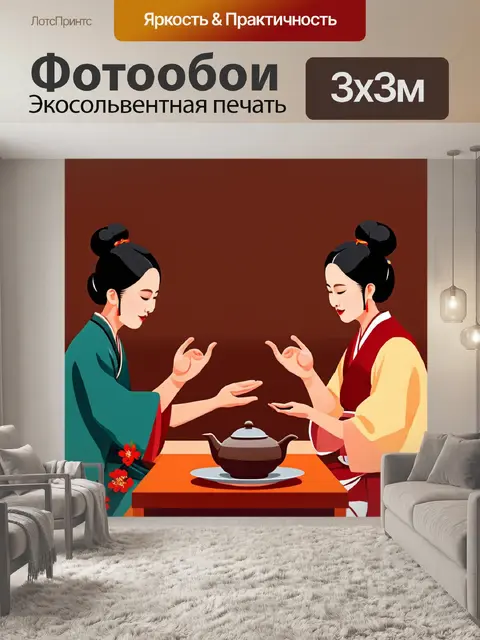 Фотообои в стиле плоский с изображением чайной церемонии и жестами, в восточном стиле