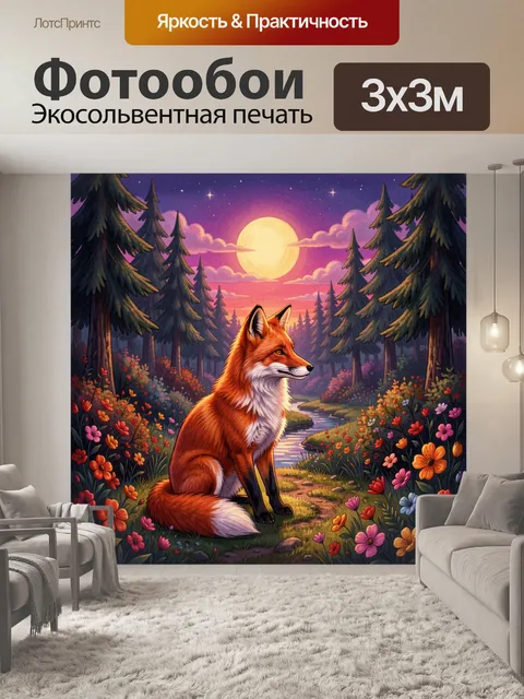 Фотообои Лиса в лесу под луной