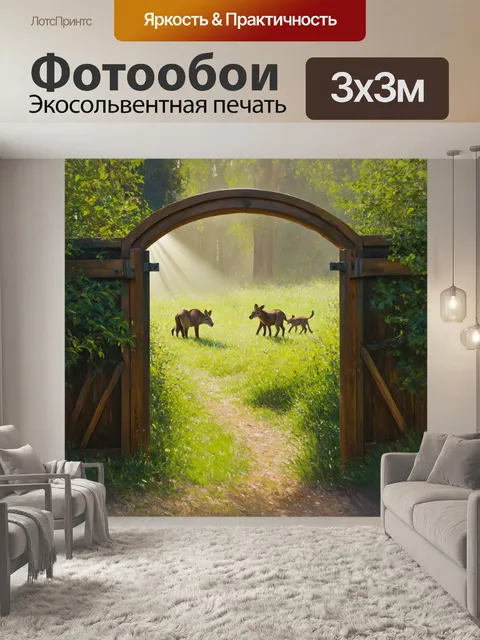Фотообои великий эдем, скрытый за воротами из резного дерева, где дикие животные безмятежно гуляют среди изумрудной…