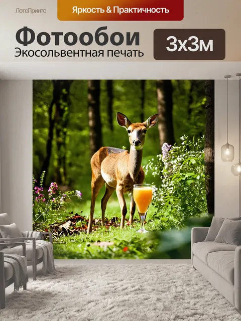 Фотообои дикая косуля, стоящая в лесу, окружена цветами и листвой, с бокалом свежего сока на лесной подстилке