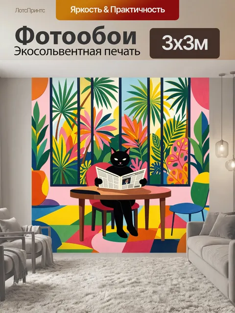 Фотообои Черный кот с газетой в тропическом интерьере