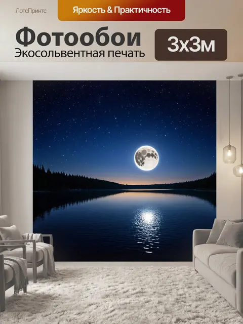 Фотообои ночное озеро с отражением звезд и луны