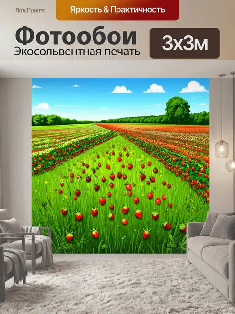 Фотообои природа в стиле вектор, зелёные луга и поля с клубниками, летний солнечный день
