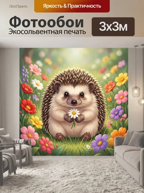 Фотообои Ежик в цветочном лугу