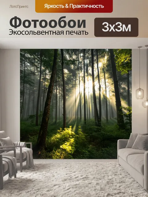 Фотообои лес, окутанный утренним туманом, с яркими солнечными лучами, пробивающимися сквозь листву деревьев, где…