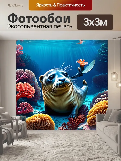 Фотообои тюлень, зажатый между яркими кораллами, его финны раскрываются, словно цветы, в подводном мире