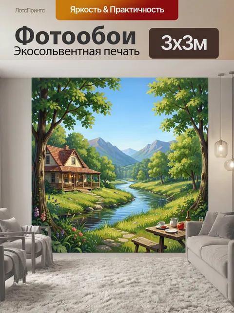 Фотообои Домик у озера среди гор