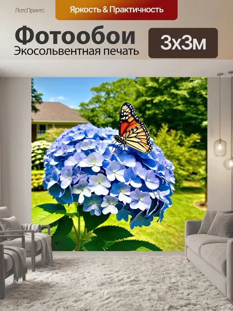 Фотообои гортензия в саду на фоне уюта домашнего двора, где бабочка садится на один из цветков