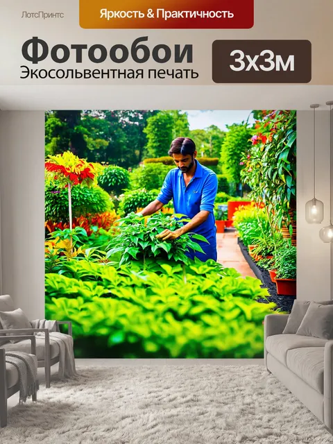 Фотообои садовод, ухаживающий за растениями в ботаническом саду, передающий любовь к природе в ярких красках