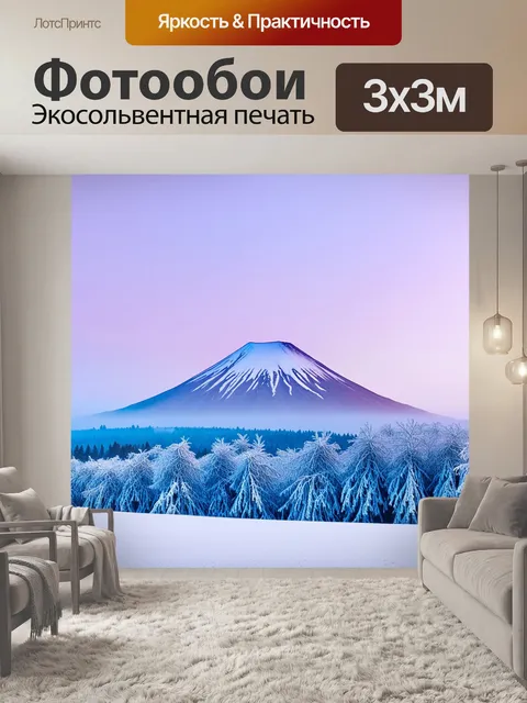Фотообои зимний пейзаж с вулканом авачинским, украшенным толстым слоем снега и инеем на деревьях