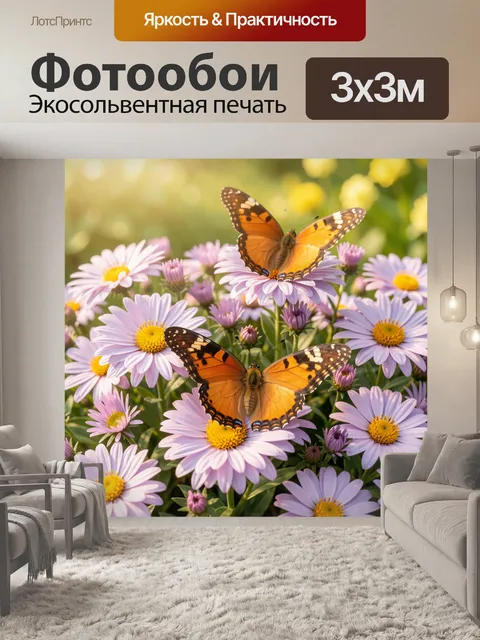 Фотообои Оранжевые бабочки на ромашках