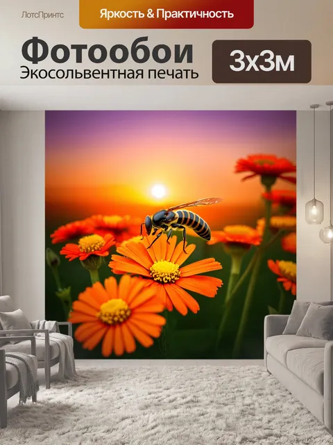 Фотообои на фоне великолепного заката оса медленно движется по ярко раскрашенным цветам, собирая пыльцу